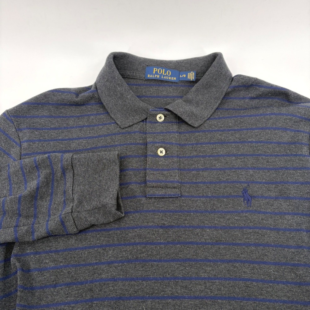 Polo Ralph Lauren Mens L Rugby Long Sleeve Striped Polo Shirt Grey Blue Cotton